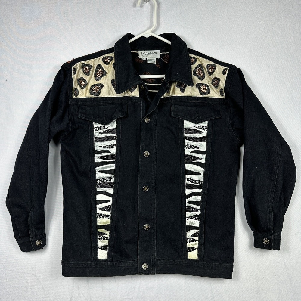 Cedars Vintage 90s Beaded Animal Print Denim Jacket Black Cotton Womens Small